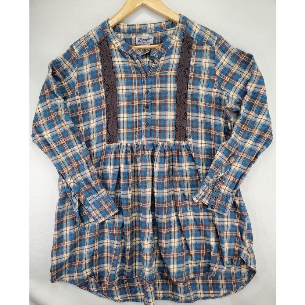 Wrangler Wrancher Shirts Women's Long Sleeve Plaid Top Size Large